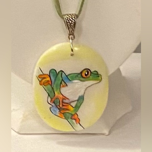 NEW genuine hand painted Frog Agate slice necklace - Picture 1 of 3